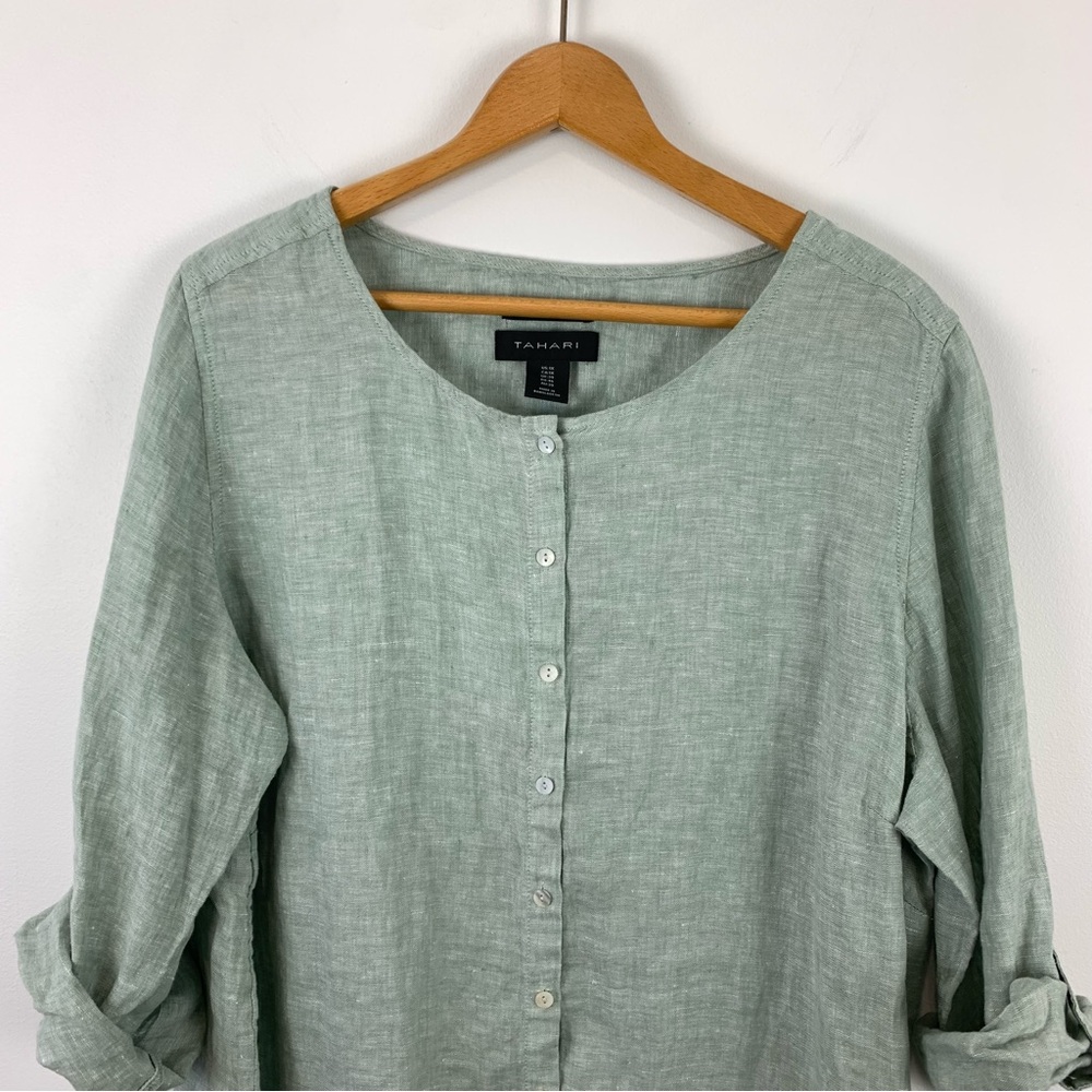 Tahari 100% Linen Green Lagenlook Shirt Size 1X Tab Sleeves - Picture 2 of 12
